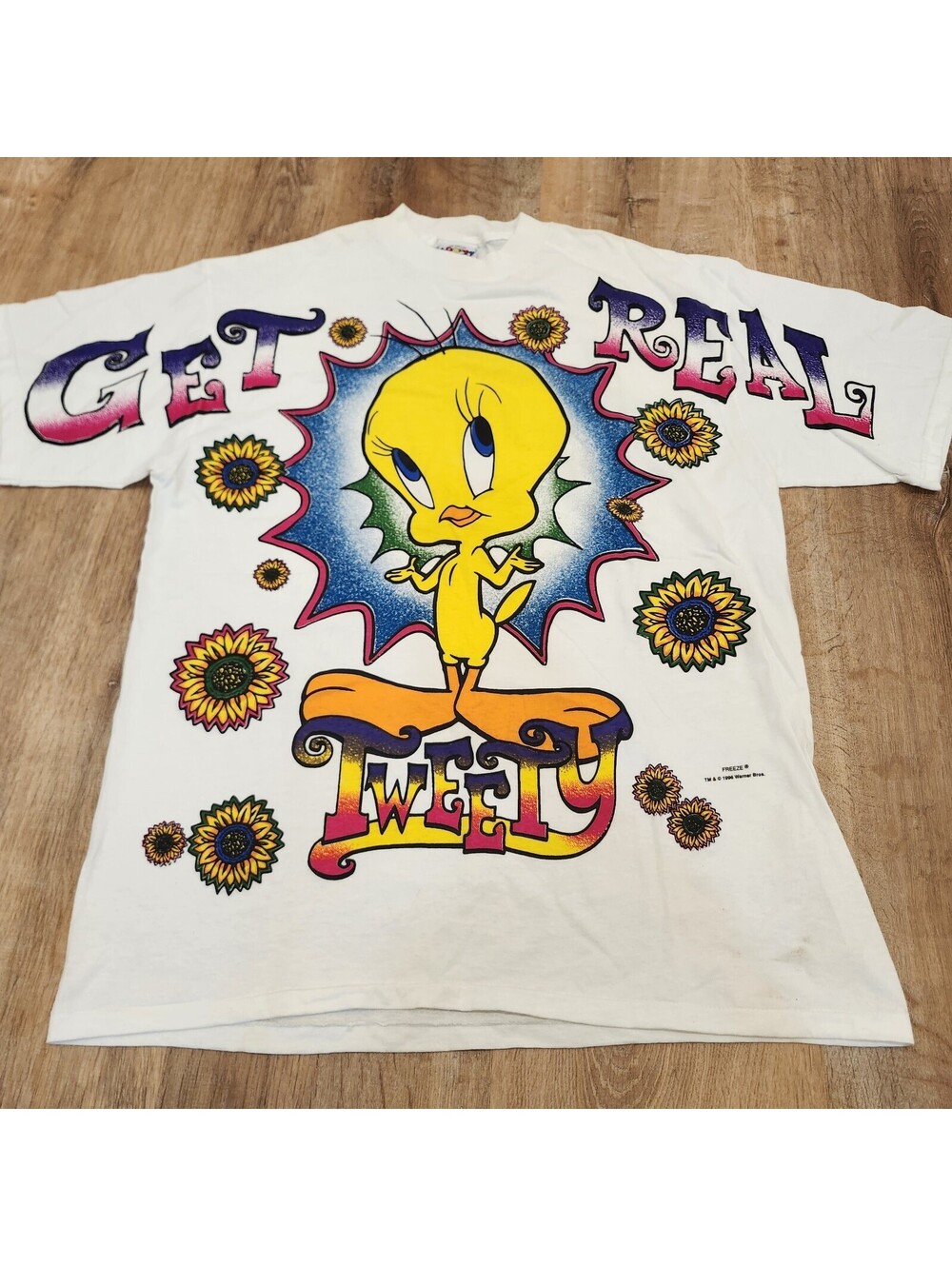 Vtg 90s "Get Real" Tweety Bird Looney Tunes All Over Print AOP TShirt Large 1996